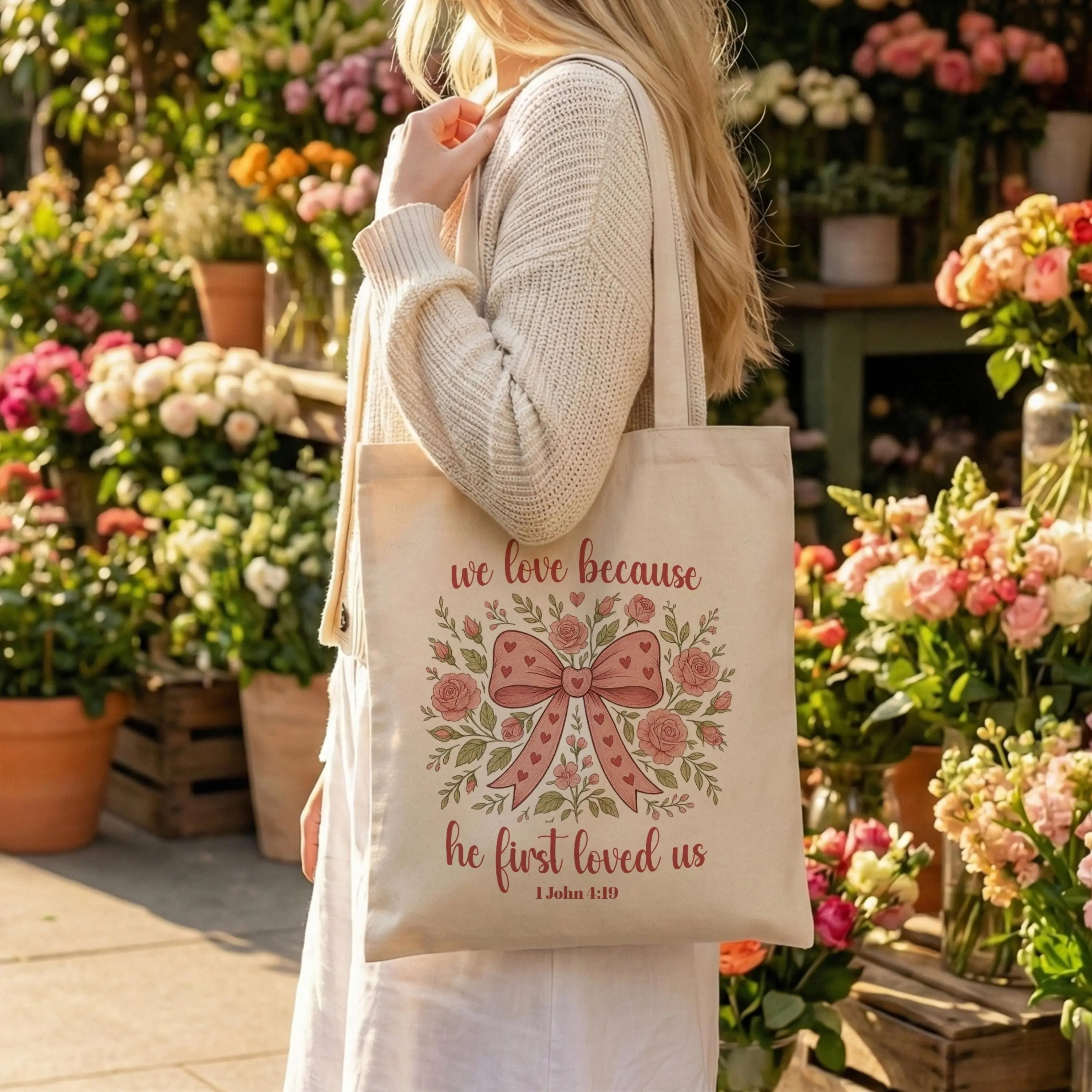 Christian Faith Tote Bag We Love Because He First Loved Us Floral Bow 1 John 4:19 Roses Hearts Coquette Reusable Shopper Bag Bible Scripture