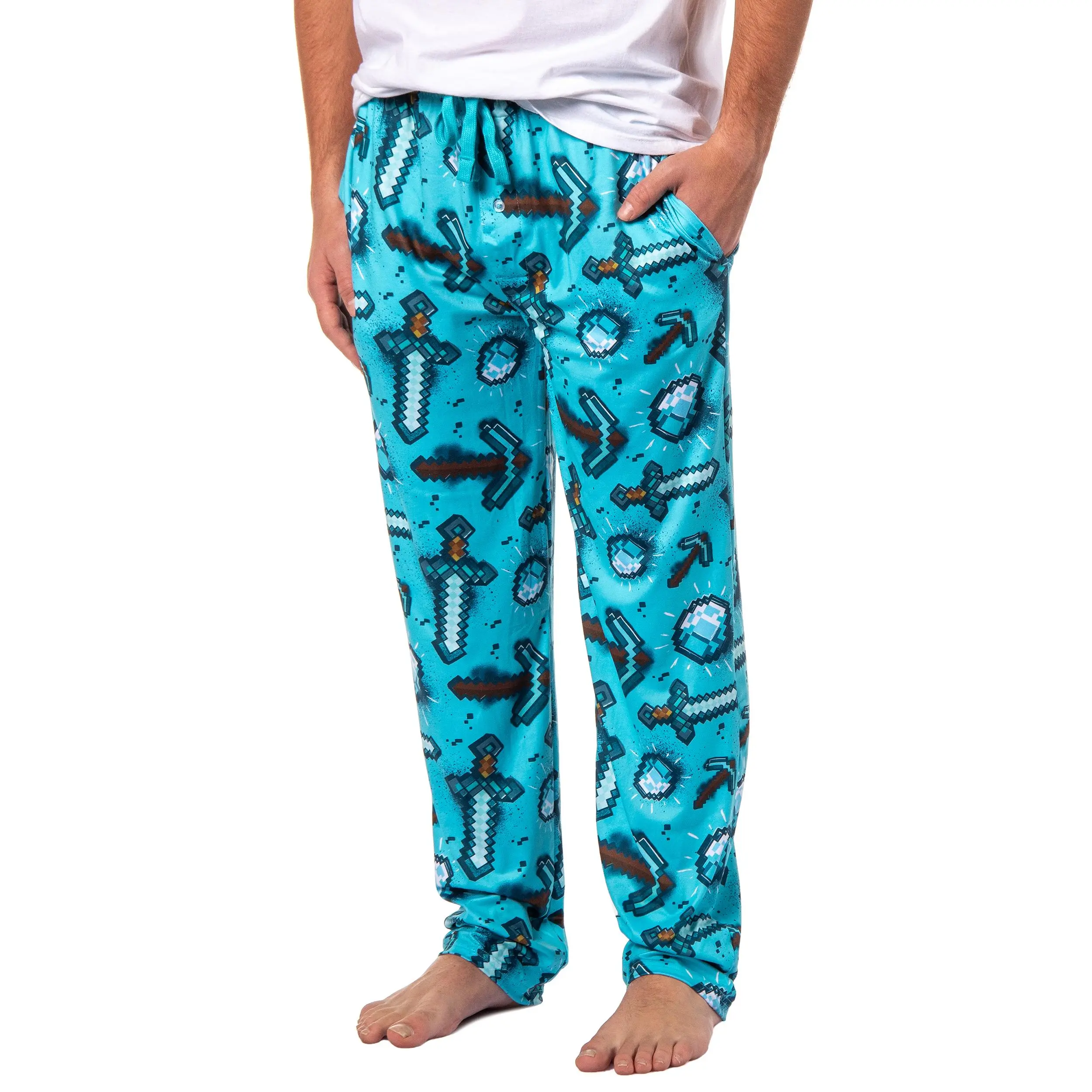 Men's Minecraft Pajama Pants Diamond Art Pickaxe And Sword Adult Sleep Pants | Minecraft Pajamas For Men