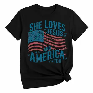 She Loves Jesus And America Too Vintage Distressed American Flag Graphic Short Sleeve Tee, Patriotic Christian Faith Crew Neck Casual T-Shirt for Women Independence Day Gift Tops