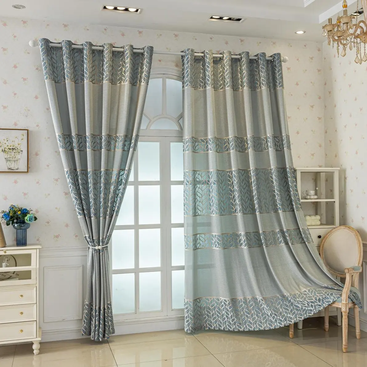 2pc Luxurious Thickened High-End Horizontal Blade Finished Curtains, Blue & Champagne Color, Insulated Light Blocking Modern Style