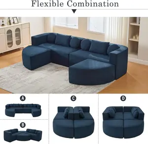 114.9" Curved Design Modular Sectional Sofa with 4 Round Throw Pillows Free-Combined Boneless Bed Couch with Deep Seats and 2 Bolster-Style Cushions for Living Room, Blue