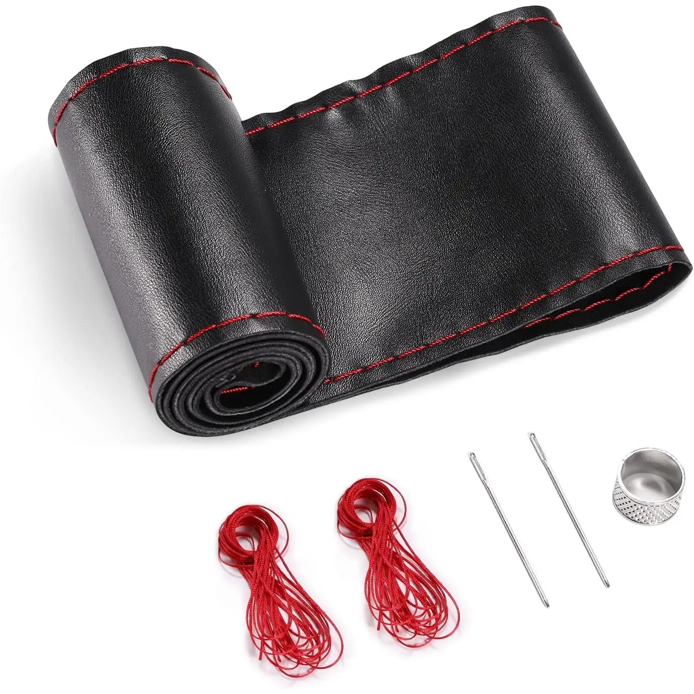 15-Inch Synthetic Stitch-On Steering Wheel Cover, DIY Sewing Wrap with Pre-Stitching Design & Black with Red Thread, Breathable Highly Durable Snug-Fit Car Interior Accessory for SUV/Pickup – Inexpensive Way to Upgrade Worn/Torn Wheels