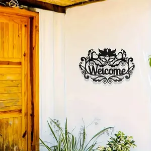 Elegant black metal welcome sign - Ornate outdoor door decoration with calligraphic engraving, heavy-duty iron structure for front door, garden, fence - Housewarming gift, wedding, birthday - Retro-modern welcome board