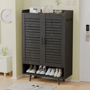 Shoe Cabinet with Doors, 6-Tier Shoe Storage Cabinet with Adjustable Shelves, Wooden 50'' Tall Shoes Rack Organizer Cabinet for Entryway, Front Door, Hallway Closet, Living Room - Black