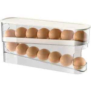 Auto Rolling Egg Holder for Fridge - Sturdy PET Container with Lid for 12 Large Eggs, Space-Saving Two-Tier Design, Easy Access & Durable Construction