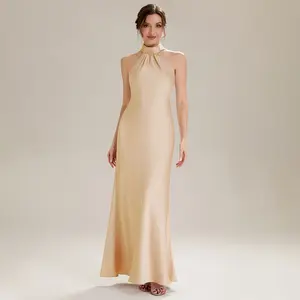 Ever-Pretty 2026 New Trend Satin Halter Neck Sleeveless Mermaid Bridesmaid Dress with Flowing Ribbons and Back Zipper for Wedding Party ES02707