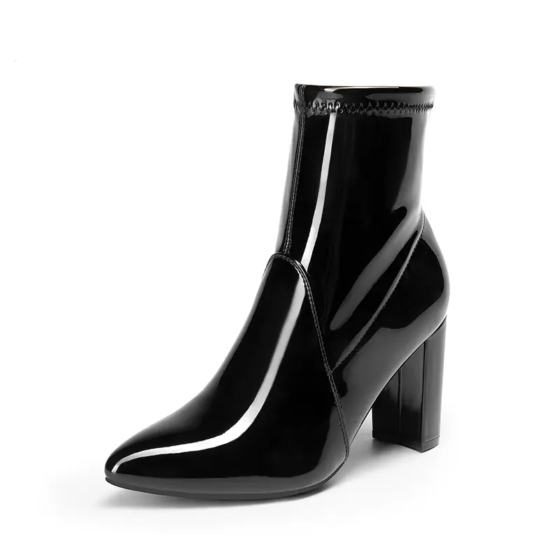 Dream Pairs Women's Pointed Toe Chunky Heel Ankle Boots - Glossy Vegan Leather Footwear with Inside Zipper, Synthetic Upper, TPU Outsole, 3.34 in Heel, Chic Elegant Comfortable Statement Shoes, Stylish, Comfortable Heels