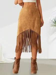 Elegant Aesthetic High-Waisted Fitted Midi Dress for Women, Summer Casual Faux Fur Skirt with Fringe Design, Perfect for Daily Wear & Dates, Bottoms