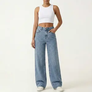 Women's High Waist Wide Leg Jeans, 2026 Trendy Light Blue Washed Denim Pants with Unique Geometric Texture, Elastic Back Waist Baggy Jeans for Streetwear Casual Wea