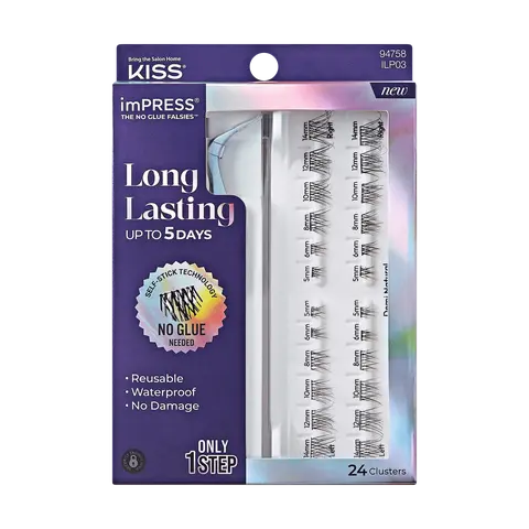 Impress Falsies Long Lasting Pre-Glued False Eyelashes Starter Kit - Demi Natural | 24 Lash Clusters, With Applicator, Up To 5 Day Wear, 5mm-14mm