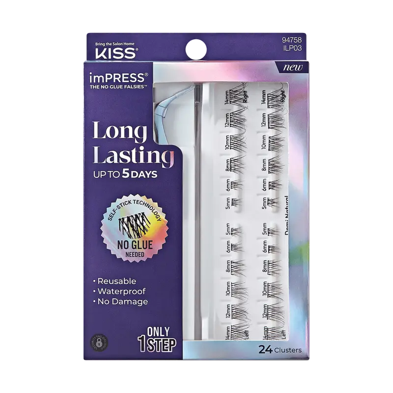 Impress Falsies Long Lasting Pre-Glued False Eyelashes Starter Kit - Demi Natural | 24 Lash Clusters, With Applicator, Up To 5 Day Wear, 5mm-14mm