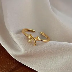 A 316 Stainless Steel Women's Fashionable Adjustable Golden-tone Ballet Bow Ring - Versatile and Elegant, Suitable for Daily Wear or Gifting