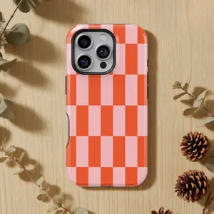 This orange-pink checkered phone case cover features a cute Y2K retro design and is durable, shock-absorbing, shockproof, Protective. It's compatible with iPhone 17, 16, 15, 14, 13, 12, 11 Pro Max Plus, and Samsung Galaxy S25, S24, S23 Ultra