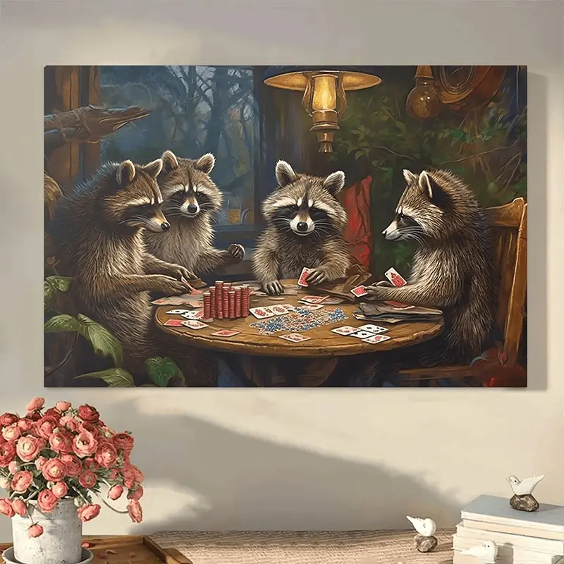 A Nostalgic Style Raccoon Poker Canvas Wall Art - Game Room and Bedroom Decoration, Family Theme Framed Print, English Hanging Painting, Perfect Holiday Gift - Hangable, 11.8x 15.7inch