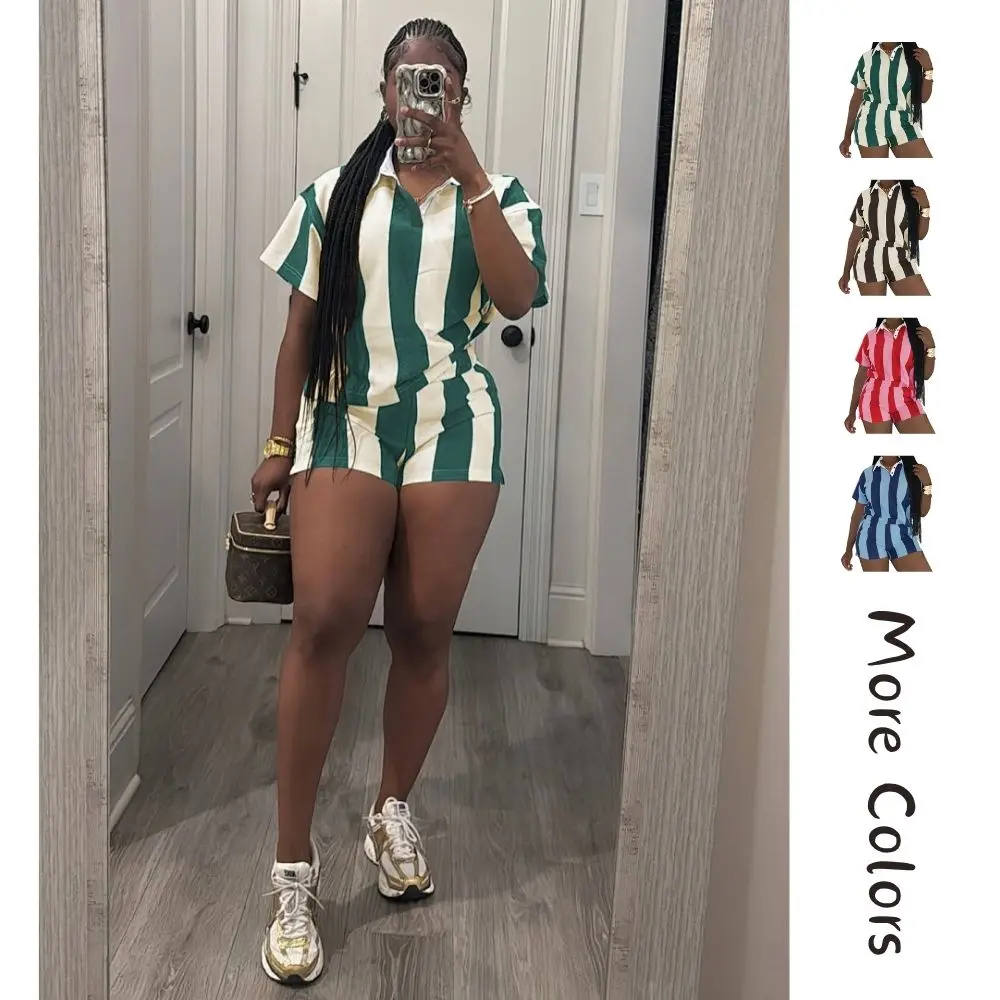 Women's 2 Piece Sets for Women Summer Casual Striped Polo Shirt High Waisted Short Workout Jogger Sets