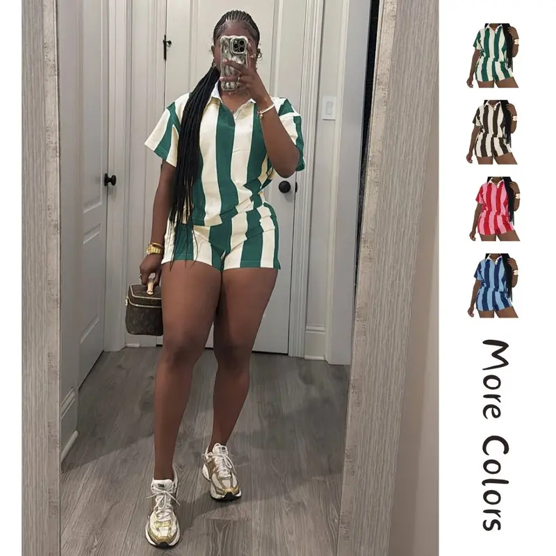 Women's 2 Piece Sets for Women Summer Casual Striped Polo Shirt High Waisted Short Workout Jogger Sets
