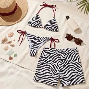 [Hot Summer 2026 Matching Set] Zebra Print Bikini & Board Shorts Set, Bold Black White Animal Print Swimwear, Triangle Halter Bikini Matching Shorts, Beach Vacation Outfit