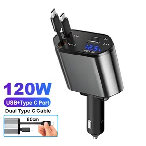 car charger cigarette lighter adapter plug4 in 1 Retractable Car Charger with Starry Light,69W USB-C Fast Car Charger, for iPhone 17/16/15/14/13/12/11, Android,Pixel,Cigarette Lighter Charger (for Lightning+USB-C) For IPhone Huawei Samsung