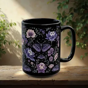 Purple Butterfly Floral Coffee Mug 11oz 15oz, Moon Gothic Mug Aesthetic, Witchy Mug, Wildflower Floral Home Decor