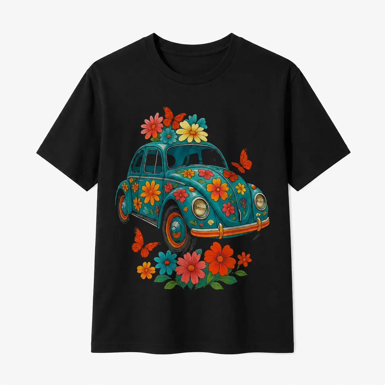 Female 100% Cotton Classic Sports Top - Crew Neck Short-Sleeve Tee, Floral Vintage Car Graphic, Comfortable Casual Streetwear for Summer, Gifts