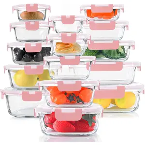30 Pieces Glass Food Storage Containers Set, Meal Prep Containers Set with Snap Locking Lids, Airtight Glass lunch Containers, Microwave, Oven, Freezer & Dishwasher,Pink