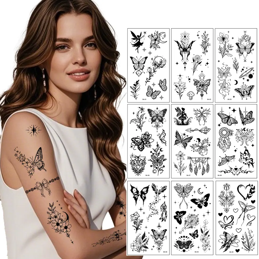 10-Pack Semi-Permanent Herbal Butterfly Tattoo Stickers - Gothic & Floral Designs, Waterproof, Realistic Body Art for Arms, Unisex Edgy or Cute Style, Arm Temporary Tattoos