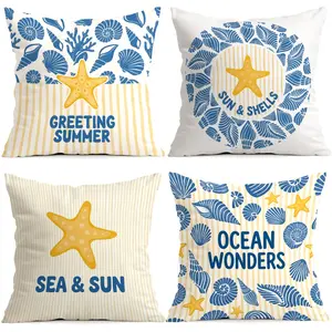 4pcs Yellow Striped Starfish Shell Pattern Cushion Covers, Single Side Print, Home Decor for Living Room Bedroom, All Season Use, No Insert Included