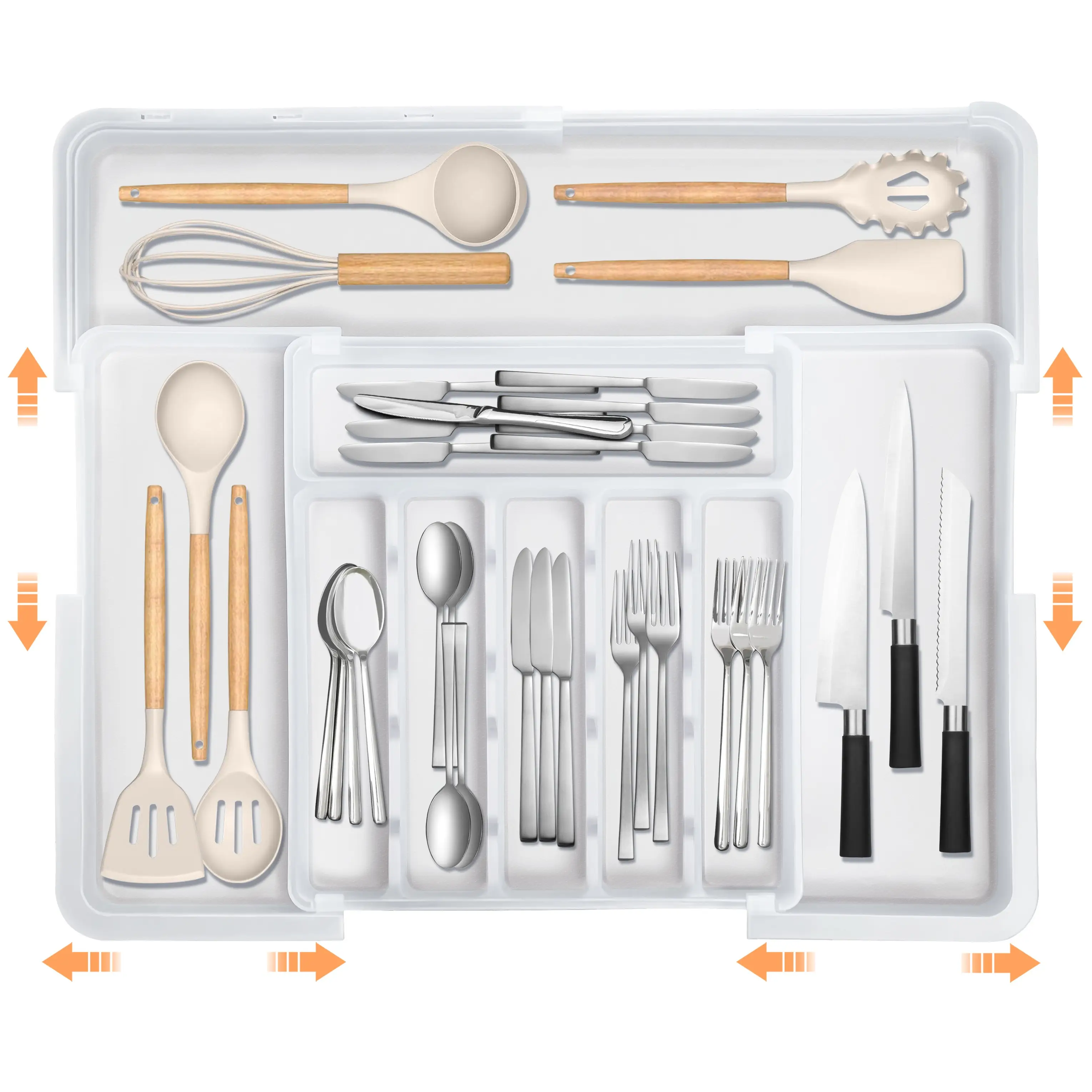 【SUHOPE】【Back To School】 Organizer Expandable Kitchen Utensil Drawer Organizer with 9 Compartment Large Cutlery Organizer Tray for Forks Knives Plasti