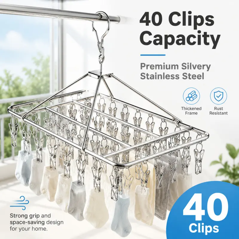 40 Clips Stainless Steel Clothes Drying Rack, Heavy-Duty Rustproof Laundry Hanger with Non-Slip Clips, Windproof Space-Saving Organizer for Socks, Underwear & Small Garments, Ideal for Balcony, Bathroom & Indoor/Outdoor Use