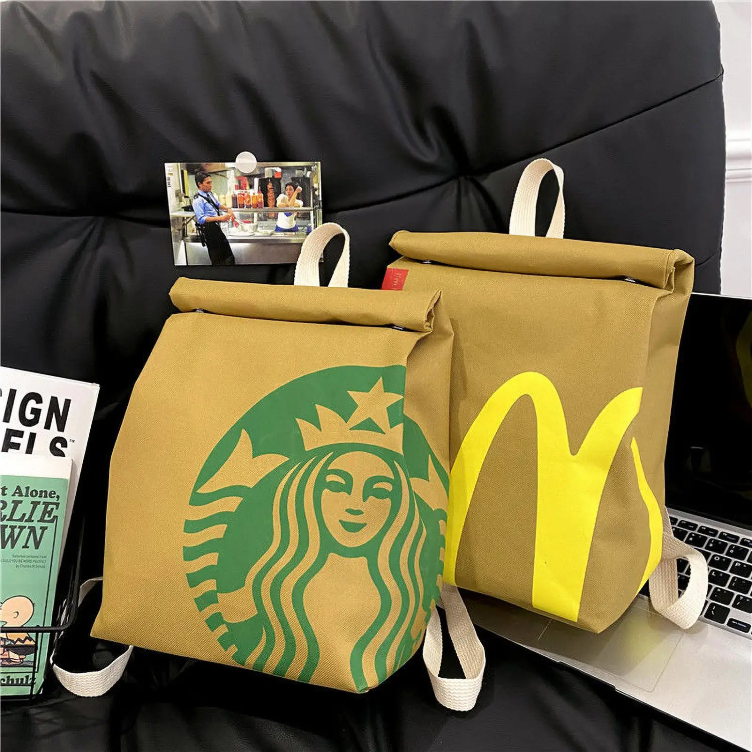 Classic McDonald's Backpack Funny Retro Paper Bag Large Capacity Cute Personalized Shoulder Crossbody Bag Casual Canvas Backpack Notebook Bag