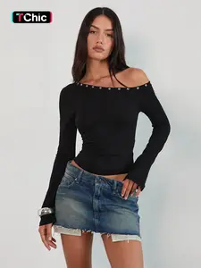 Women's Long Sleeve off Shoulder Top, Casual Knitted Fabric, Perfect for Spring & Fall Seasons, Stylish Design for Daily Wear, Basic Womenswear