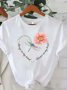 A Women's Printed Plus Size T Shirt Soft Pink and Green Floral Pattern Breathable Casual Party Top Machine Washable White Short Sleeve Summer Fashion Essential Simple Design Comfortable Fabric Crew Neck Adult Size 180G