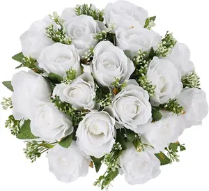 White Cemetery Flowers - 18 Silk Rose for Grave Decorations-Outdoor Memorial Grave Flowers for Cemetery