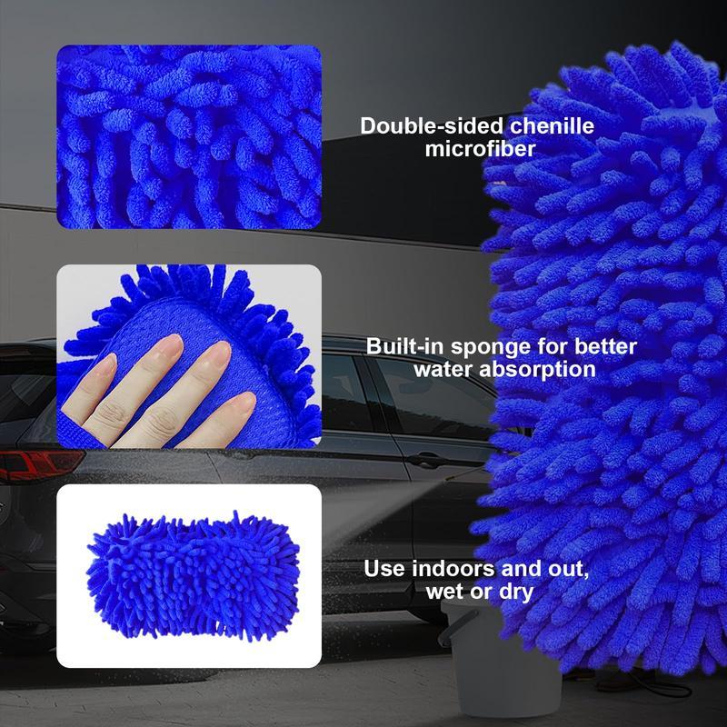 Premium Microfiber Wash Mitt, Soft Scratch-Free Double-Sided Chenille Washing Gloves Perfect for Car Washing and Detailing (Blue)