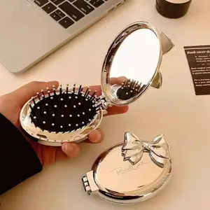Portable Folding Comb Mirror, Mini Bow Hair Brush with Mirror, Travel-Friendly Abs Plastic Design, Nylon Bristles, Ideal for Women