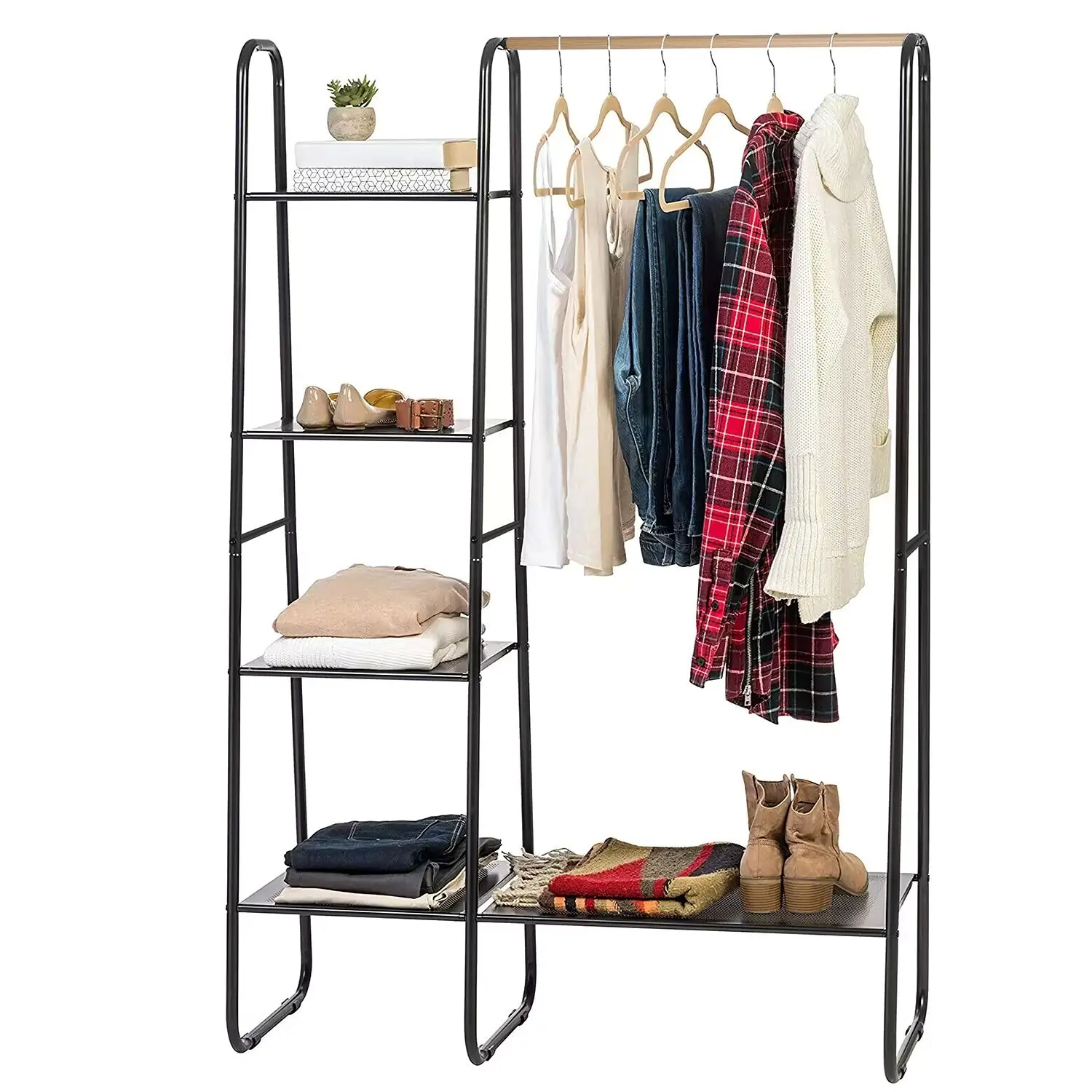 Freestanding Metal Garment Hanging Rack with Buckle - Home Organizer with 1 Hanging Rail, 5 Mesh Shelves, Circle Shelf Design for Room Clothing, Shoe Storage; Easy Installation, Closet Organizer