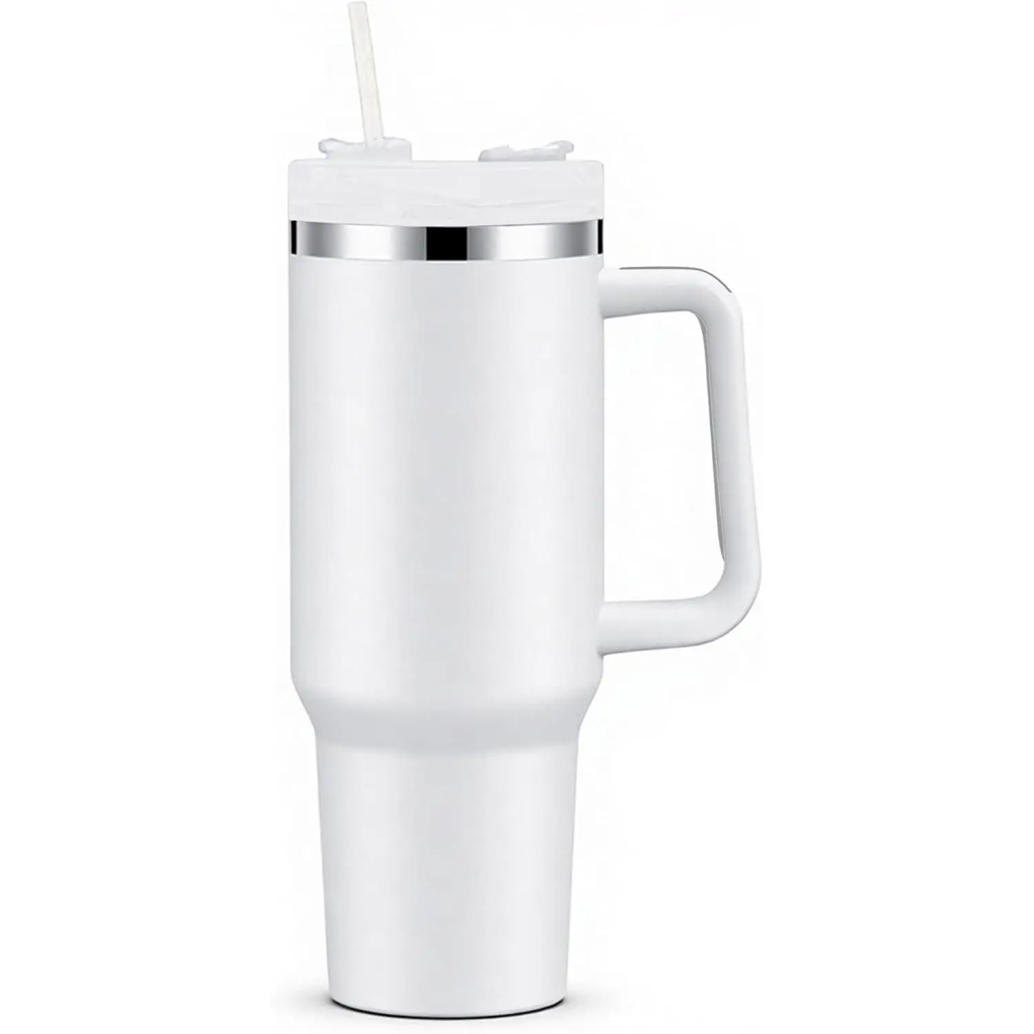 Stainless Steel Insulated Portable Travel Mug - White, Double Wall Vacuum Drinkware with Handle and Straw, Sublimation-Friendly DIY Customizable, Insulation