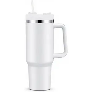 Stainless Steel Insulated Portable Travel Mug - White, Double Wall Vacuum Drinkware with Handle and Straw, Sublimation-Friendly DIY Customizable, Insulation