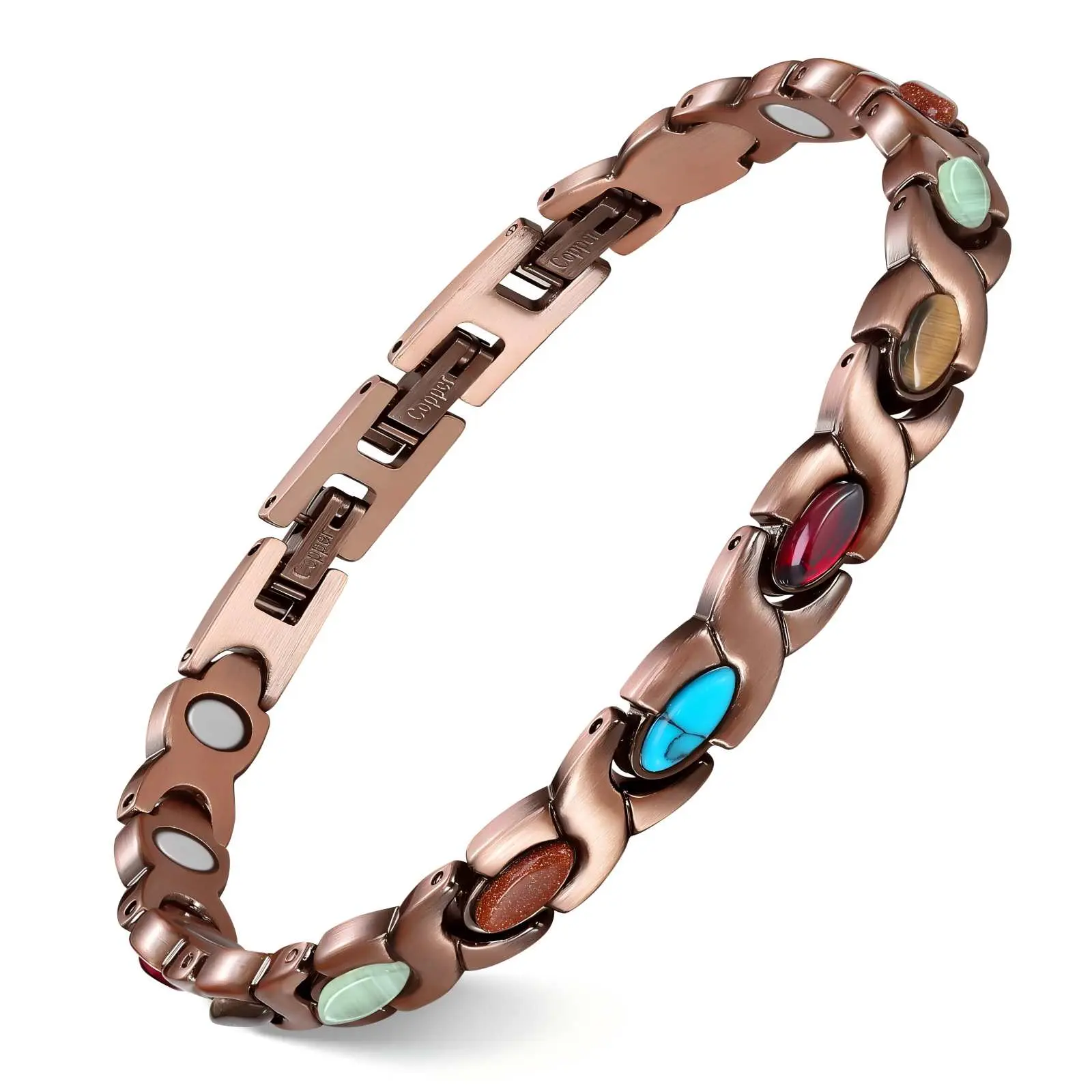 Bohemian Ethnic Pure Copper Bracelet for Female, Adjustable Link with Natural Gemstones and 3800 Gauss Magnets for Positive Energy, Elegance, Bangle, Gift-Ready, 0.39 Inches Wide
