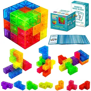 Magnetic Building Blocks Magic Magnetic 3D Puzzle Cubes, Set of 7 Multi Shapes Magnetic Blocks with 54 Guide Cards,Parent-Child Interactive Children's Educational Toys (7color)