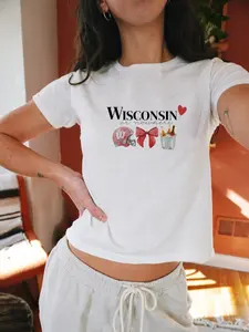 Wisco Baby Tee Shirt for Gameday & College Parties, Trendy Cute Short Sleeve UW-Madison Top, Darty and Campus Style Top Womenswear