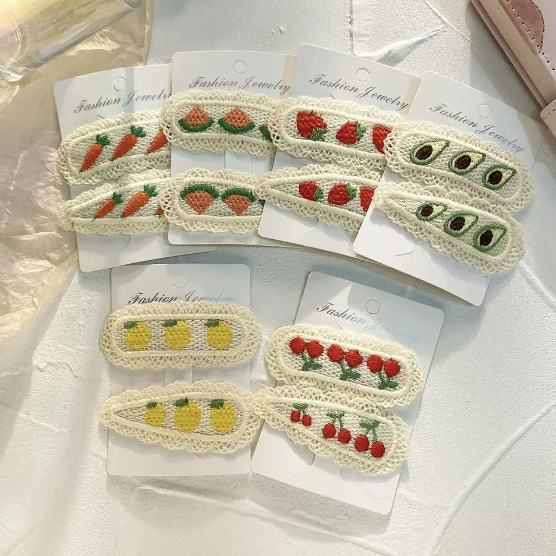 Lace Embroidery Fruit Hair Clips, Sweet Knitted Lace Side Barrettes, Cute Bangs Hair Pins for Girls