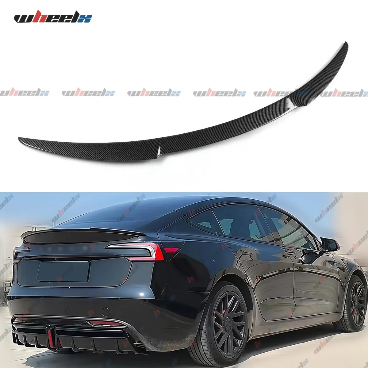 2024-2025 – Tesla Model 3 Highland V-Style High-Kick Trunk Wing, All-Trim Gloss Black Carbon Fiber, Aerodynamic Downforce, Direct-Fit Electric Car Accessory Upgrade