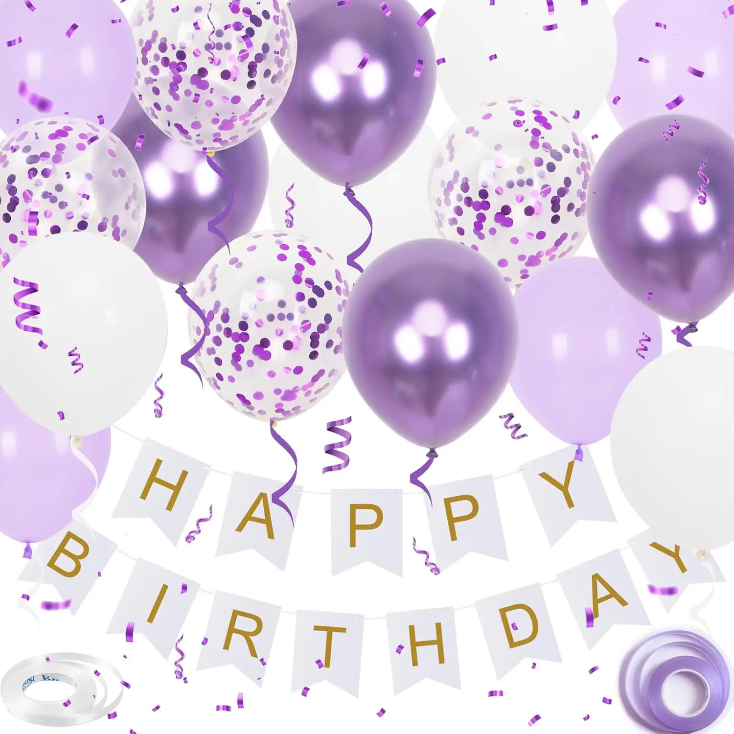 Purple Birthday Party Decorations Set - Happy Birthday Banner, 16 Pcs 12in Confetti Balloons with 2 Ribbons for Kids' Celebrations
