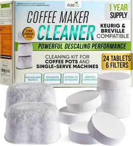 PUREHQ Coffee Machine Descaler Tablets – 24 Count Cleaning Tabs with 6 Keurig Water Filter Cartridges – Compatible with Keurig and Breville Coffee Makers