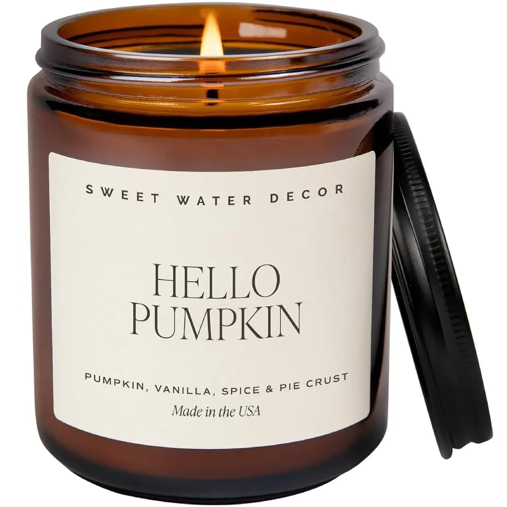 Hello Pumpkin Candle - Fall Soy Candles with Pumpkin, Warm Spices, Vanilla and Buttery Pie Crust - Pumpkin Candles for Home with 40 Hours Burn Time - 9Oz Black Lid Amber Jar Candle