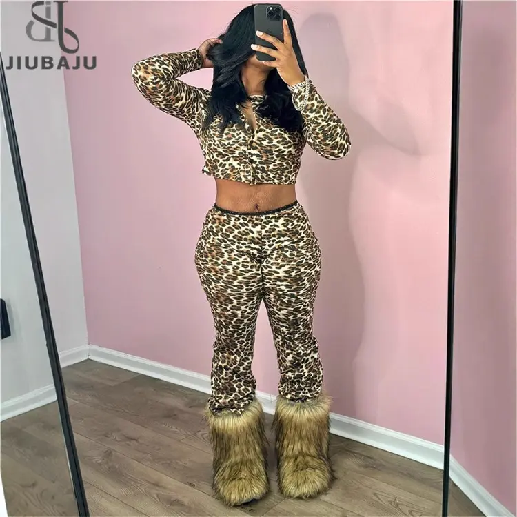 NEWSpring Women's Leopard Print Two Piece Tracksuit Streetwear Outfits 2025 Long Sleeve Zip-up Crop Top+Matching Pants Set