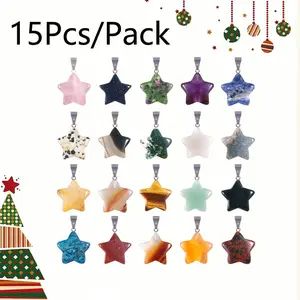 15pcs/pack Christmas Cute Natural Stone Star Pendant Set, with Five pointed star Design, Is A Great Christmas Gift