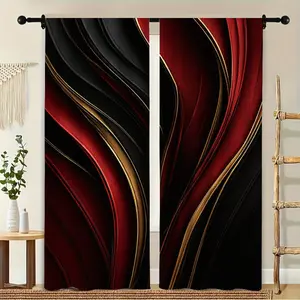 2D Flat - Set of Two Curtains Featuring a 2D Flat Abstract Design with Intertwining Red, Black, And Golden Shapes, Adding a Touch of Dynamic Drama And Elegance to Window Treatments for Bedroom And Living Room Decor casual home party decoration