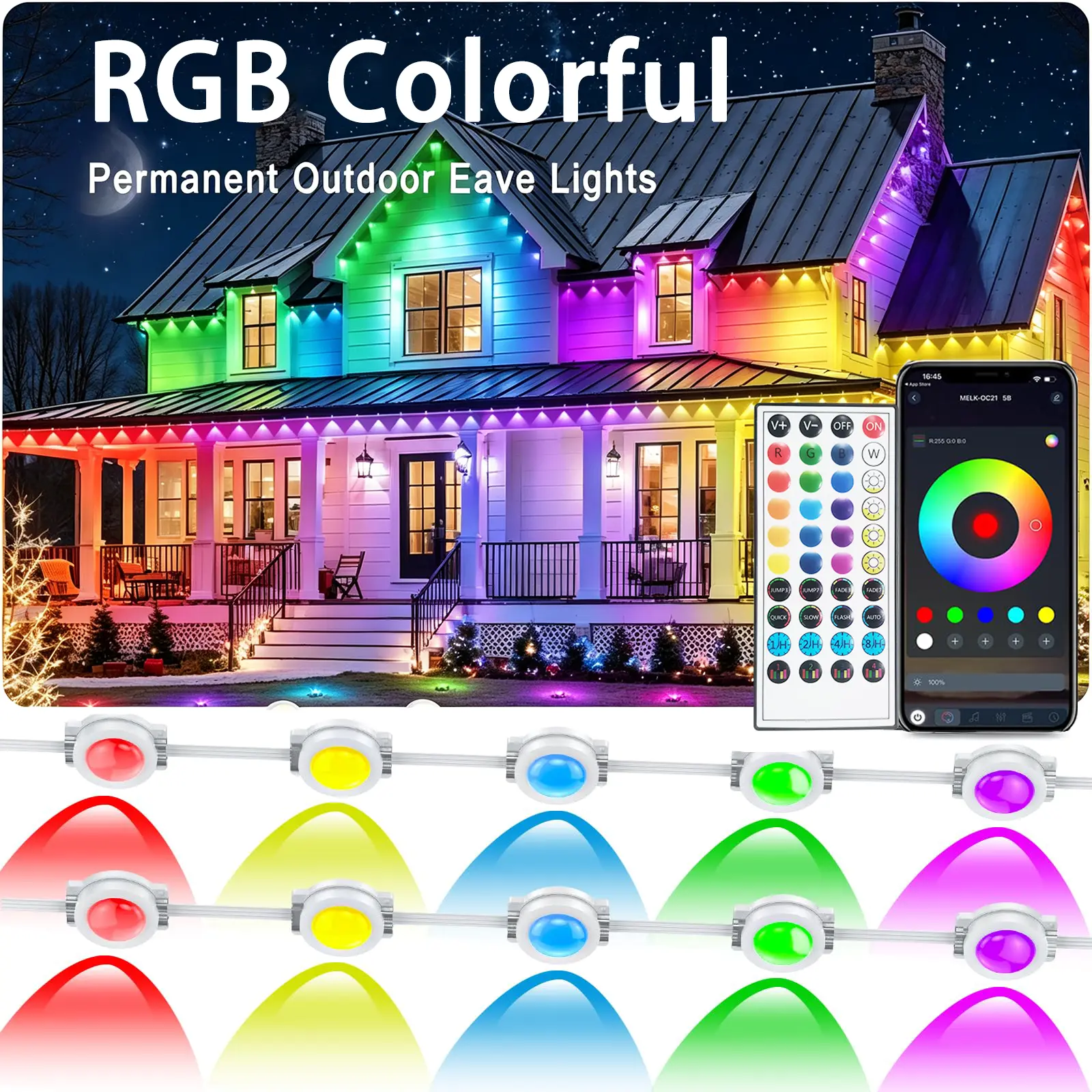 Permanent Outdoor Lights, 50FT-500FT Smart Eave Light with 72 LED Lights, IP67 Waterproof, App Control, Outdoor Lights, DIY RGB Light for House Holiday Decorations